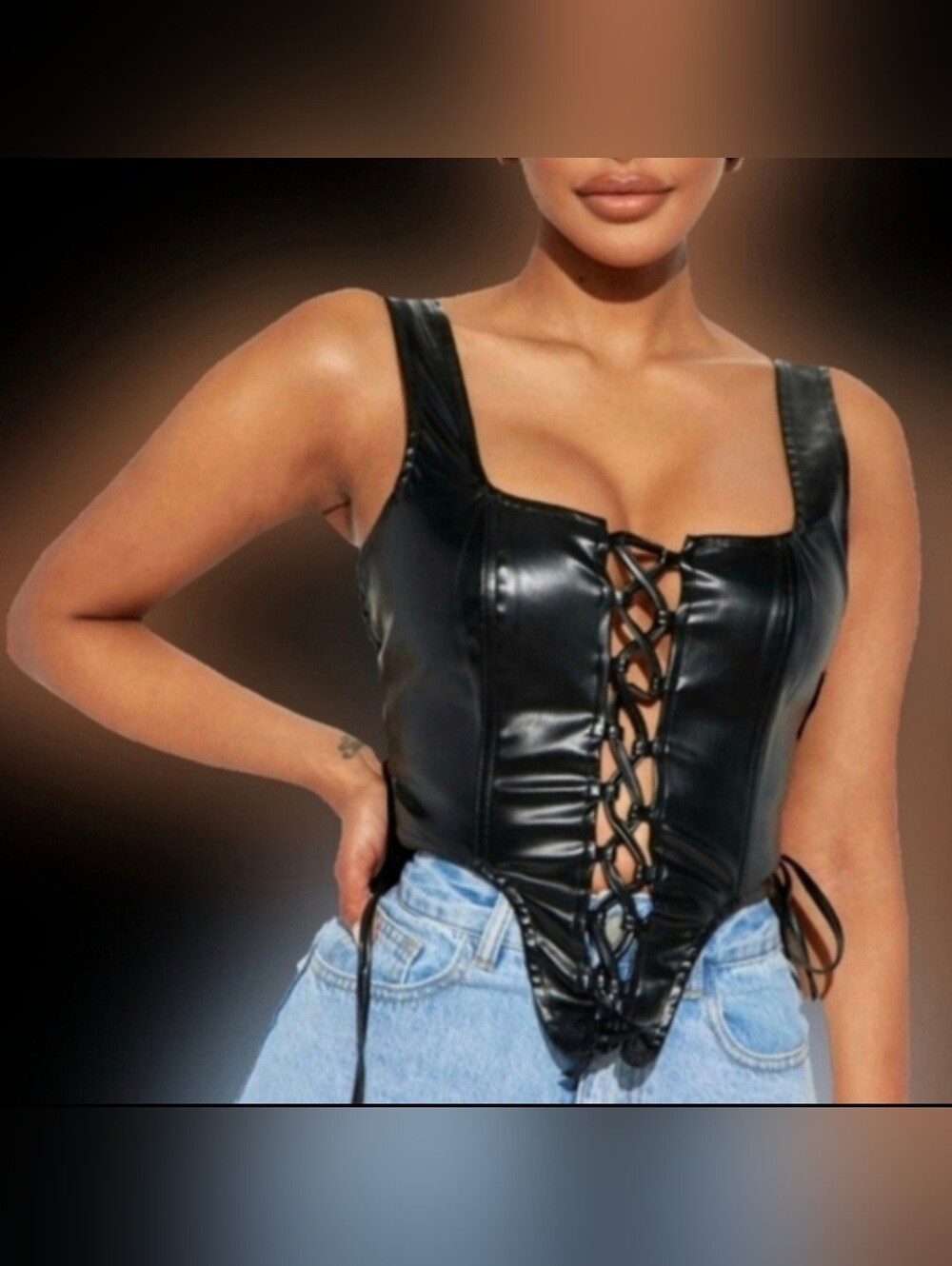 Fashion Nova true to you blk faux leather tie front sides crop top corset 1X NWT
